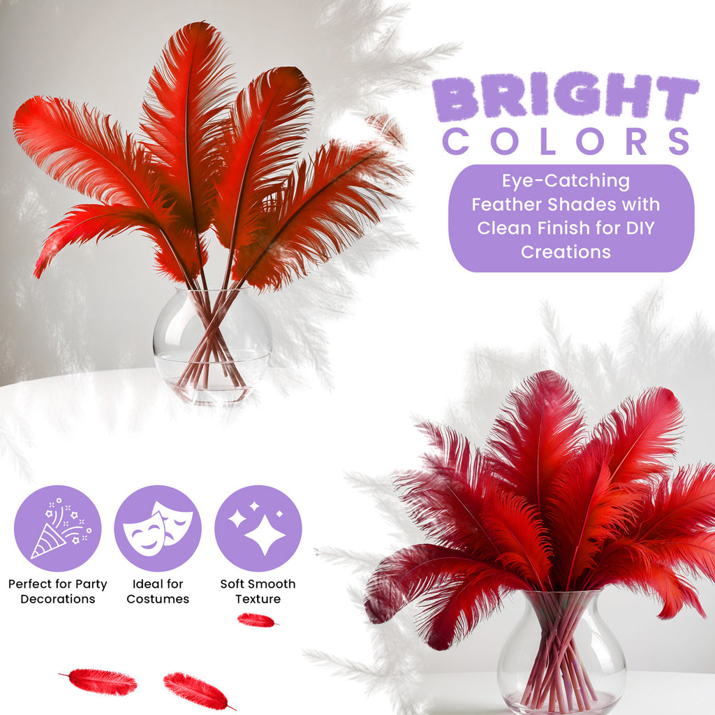 35-40cm Loose Ostrich Feathers, 5pcs - Red