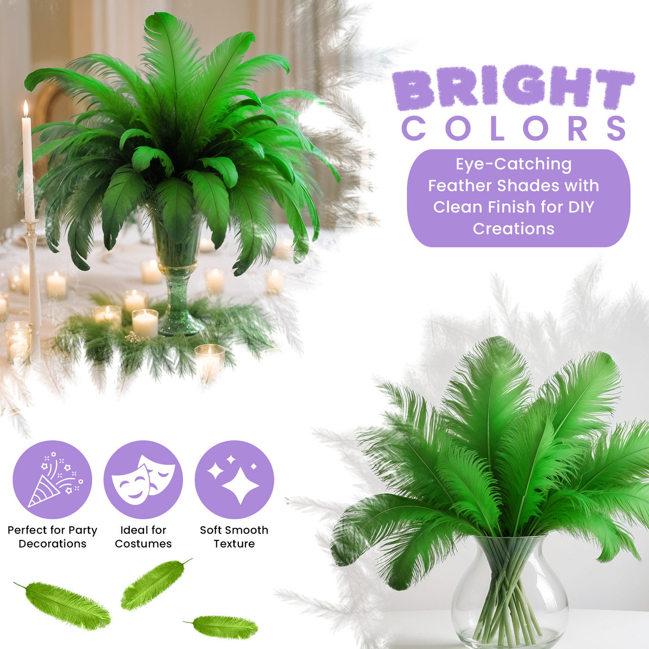35-40cm Loose Ostrich Feathers, 5pcs - Green