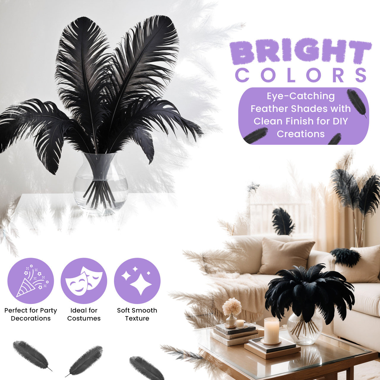 35-40cm Loose Ostrich Feathers, 5pcs - Black