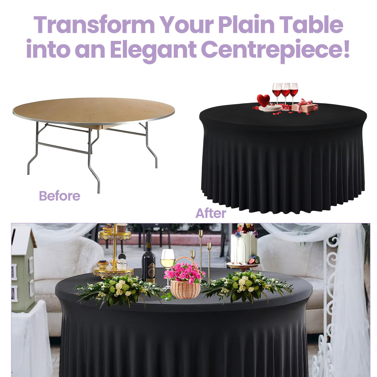 60" Round Spandex Tablecloth with Skirt - Black
