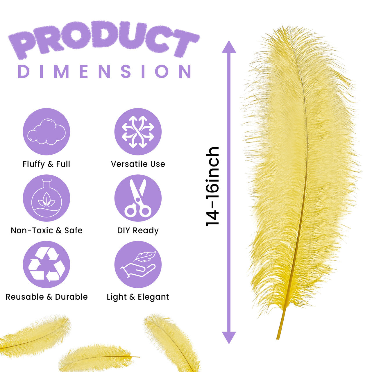 50-60cm Loose Ostrich Feathers, 5pcs - Yellow