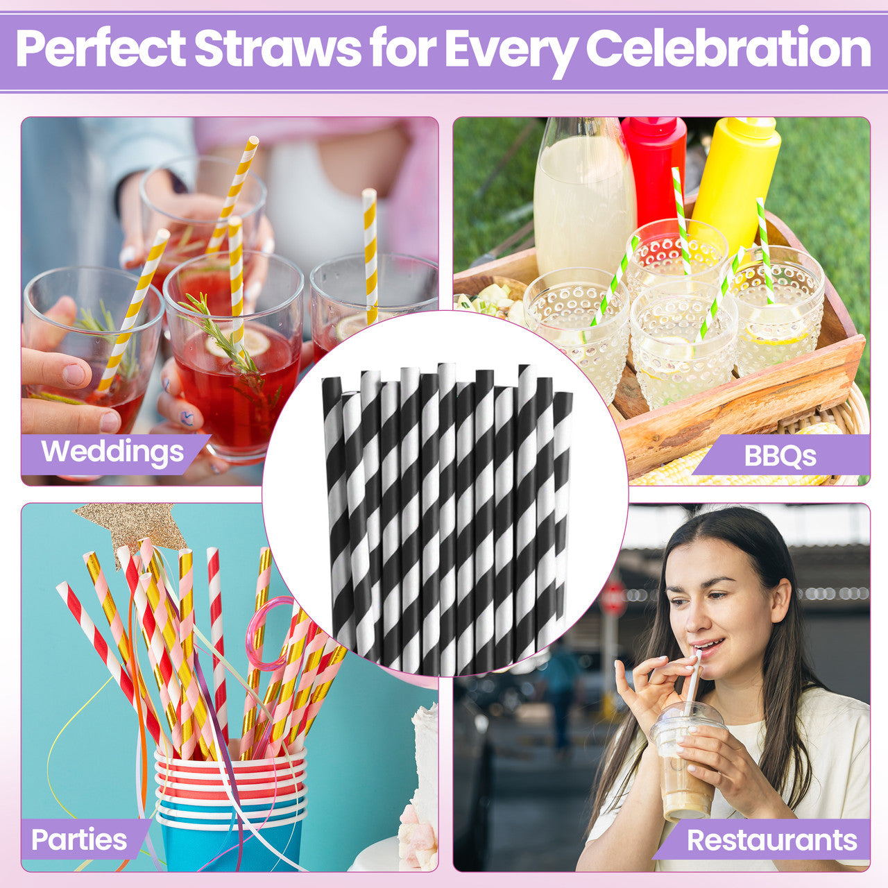 Black & White Biodegradable Paper Straws