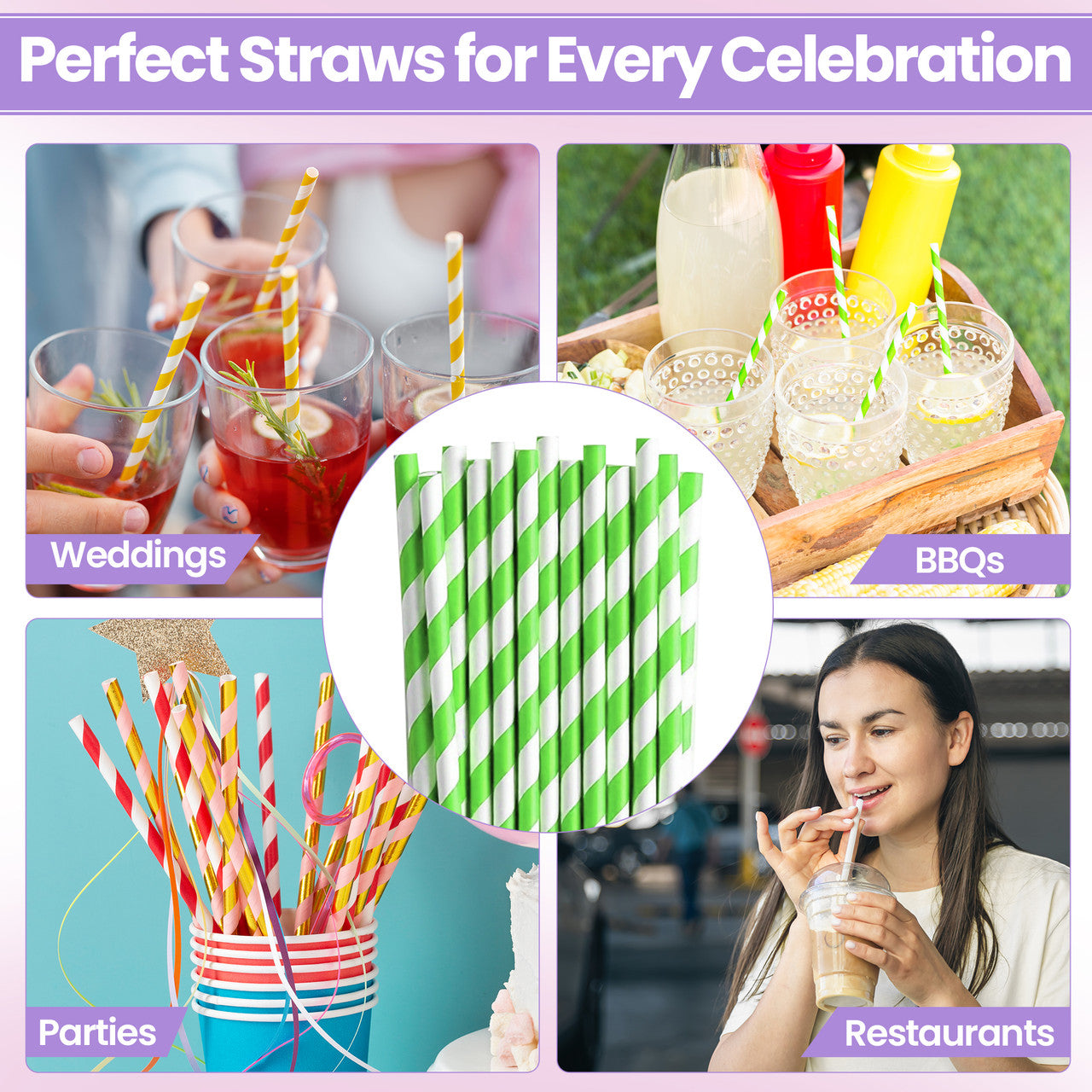 Green & White Biodegradable Paper Straws