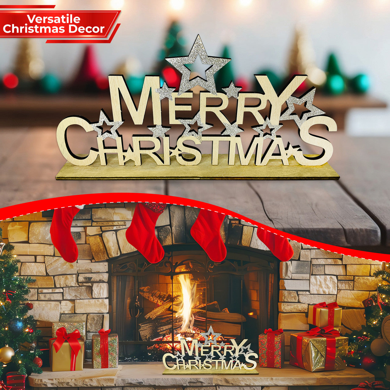 Merry Christmas Table top centrepiece Sign with Stars