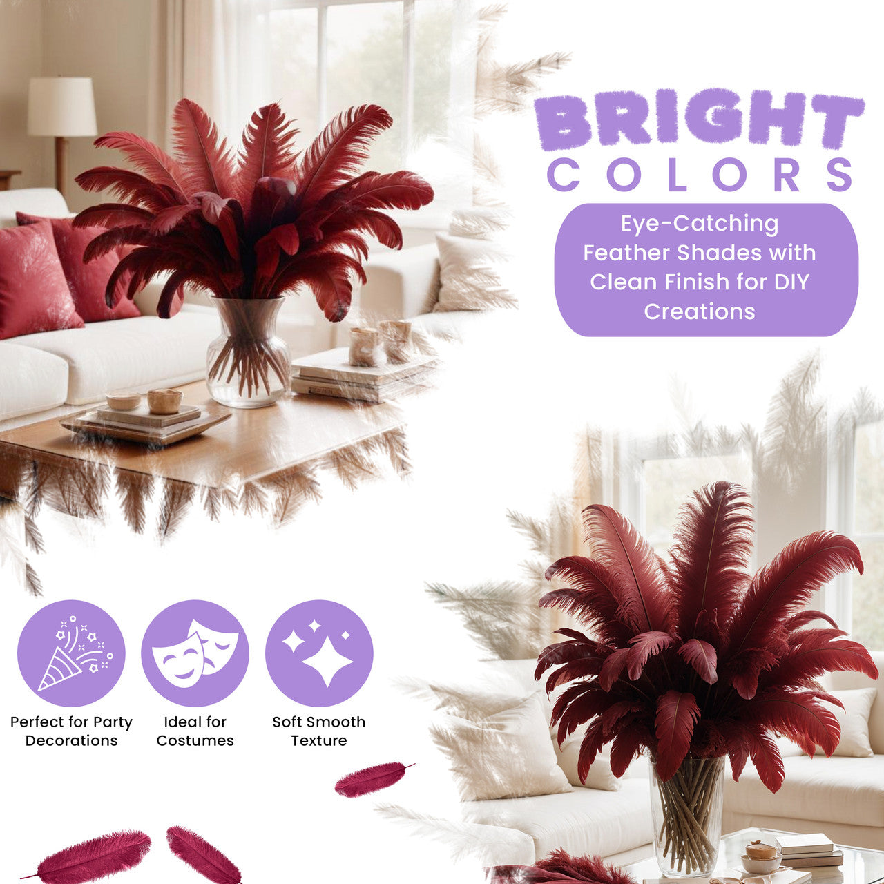 35-40cm Loose Ostrich Feathers, 5pcs - Burgundy