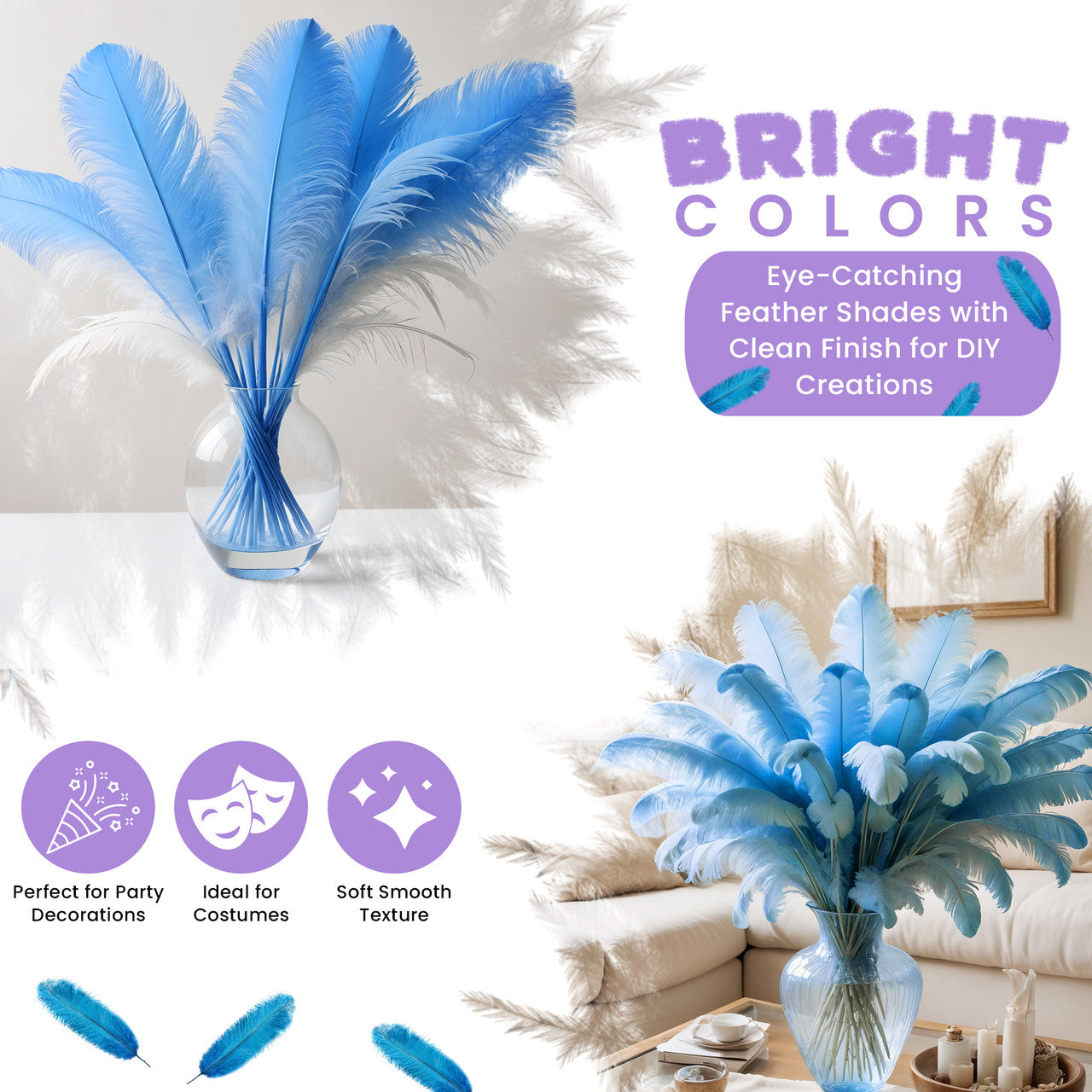 35-40cm Loose Ostrich Feathers, 5pcs - Baby Blue