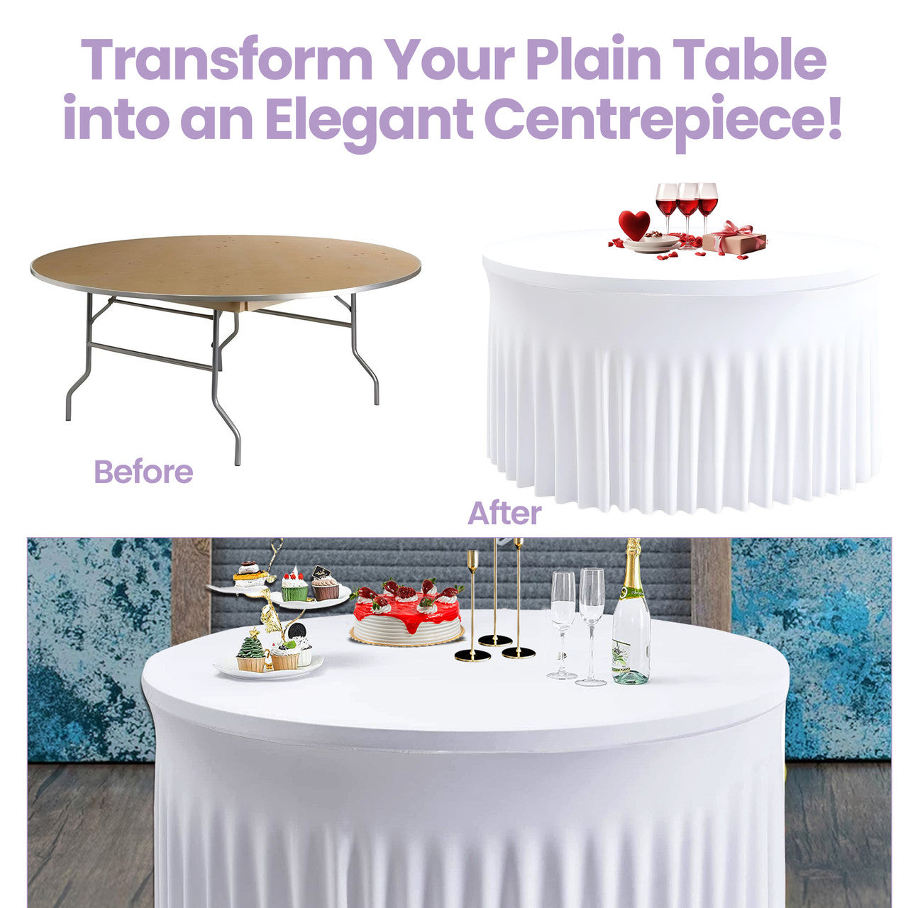 60" Round Spandex Tablecloth with Skirt - White