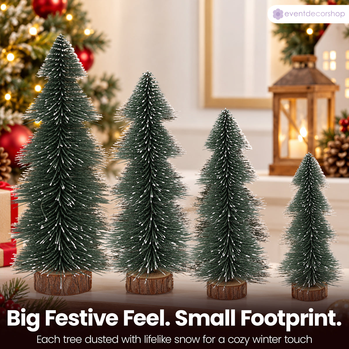 4pc Mini Christmas Trees Set, Green Snow-Dusted Pine