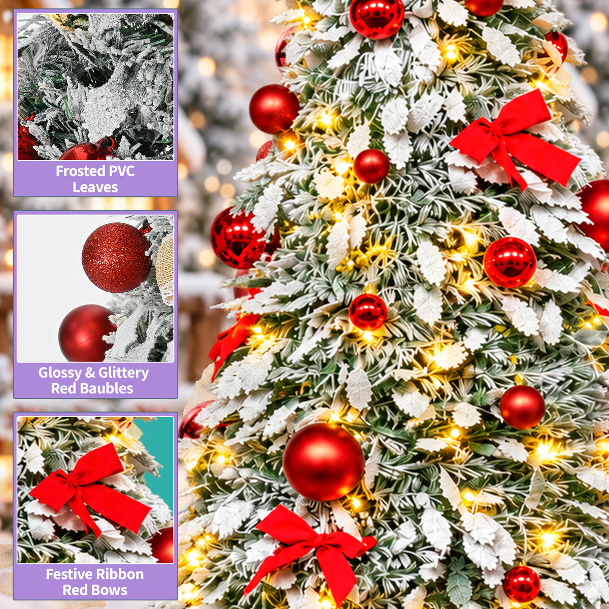 6ft Pop-Up Christmas Tree with Warm White LED Lights and Red or Gold Baubles