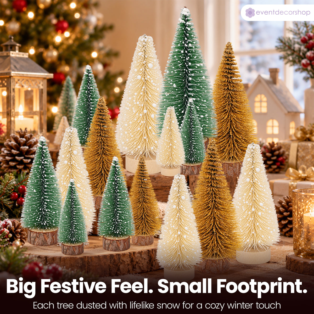 24pcs Mini Christmas Bottle Brush Trees, 3 Designs, 4 Assorted Sizes