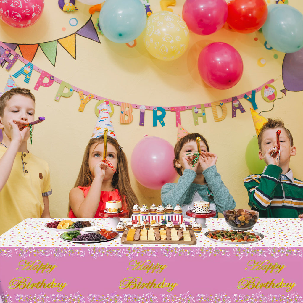 Pink Happy Birthday Printed Foil Tablecloth