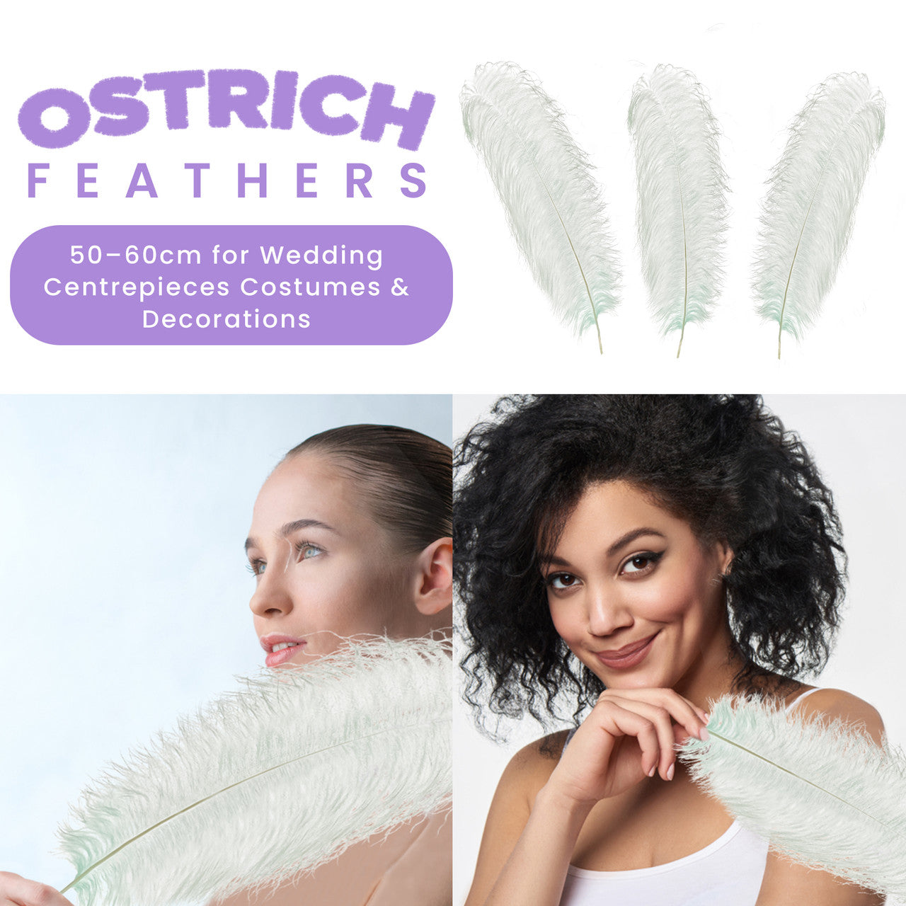 50-60cm Loose Ostrich Feathers, 5pcs - Silver