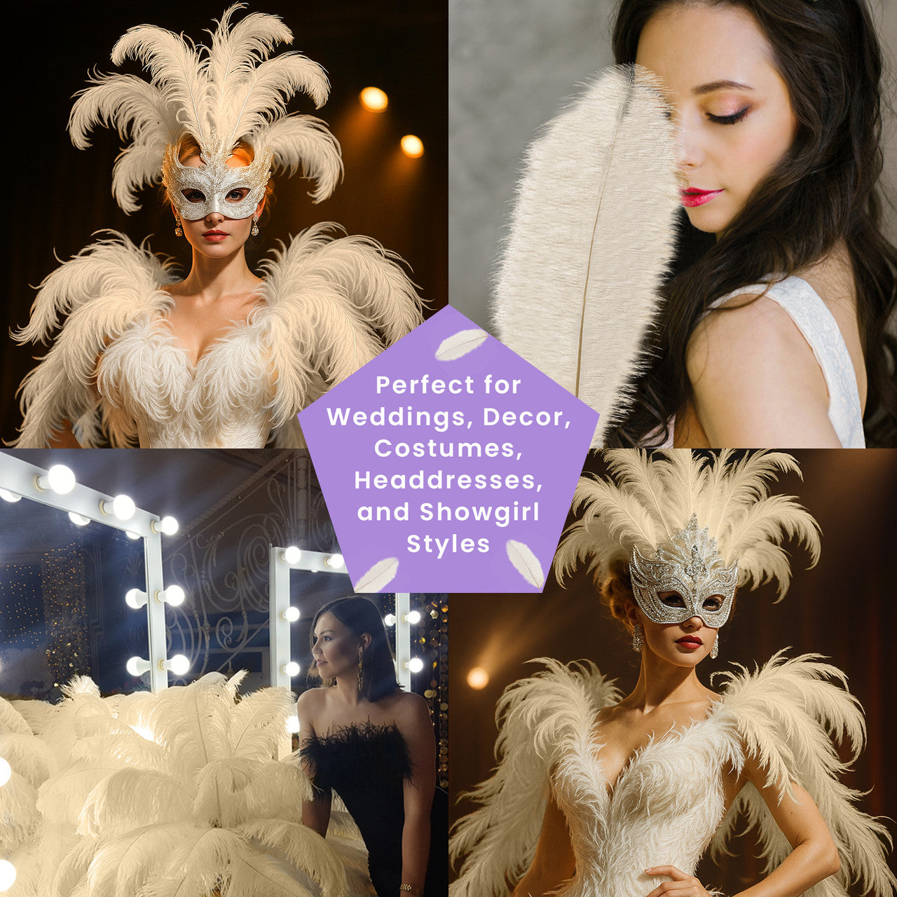 50-60cm Loose Ostrich Feathers, 5pcs - Ivory