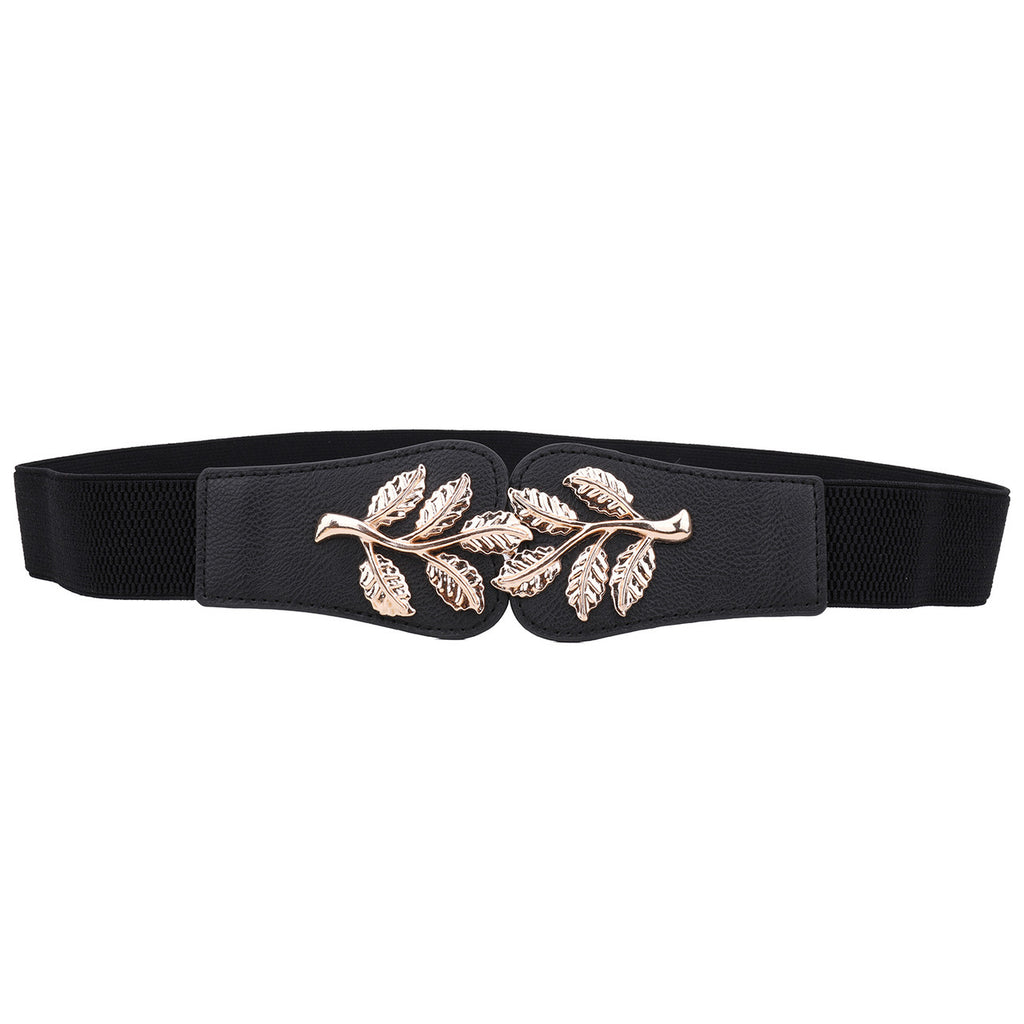 4cm Wide Belt - Tree Leaves Pattern - Black