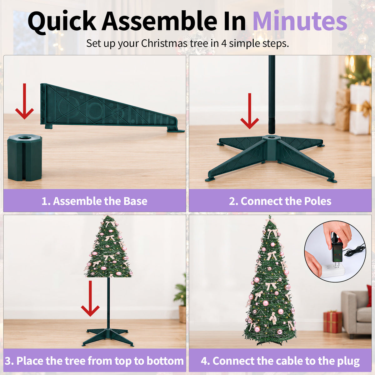 Instructional graphic showing how to assemble a Christmas tree stand in four steps: assemble the base, connect the poles, place the tree from top to bottom, and connect the cable to the plug. The steps are labeled with purple banners on a light background with a small inset showing the cable connection.