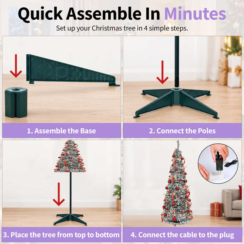6ft Pop-Up Silver Christmas Tree with 150 Warm White LED Lights, Red Baubles & Festive Bows