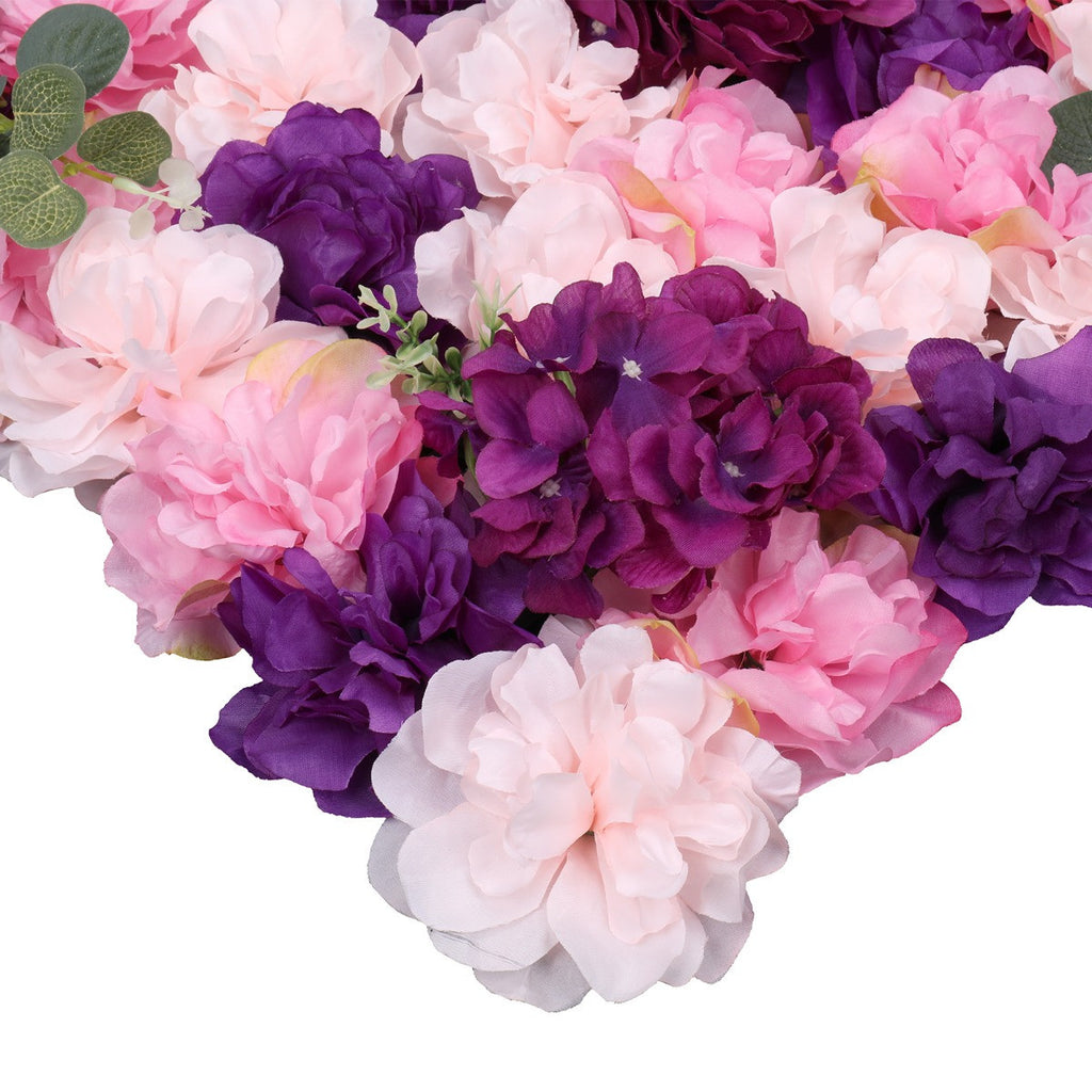 Hydrangea Artificial Flower Wall Panel 60cm x 40cm - Purple & Pink with Leaves x 12