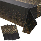 Rectangular Plastic Disposable Tablecloth - Black - Gold Polka Dot Print