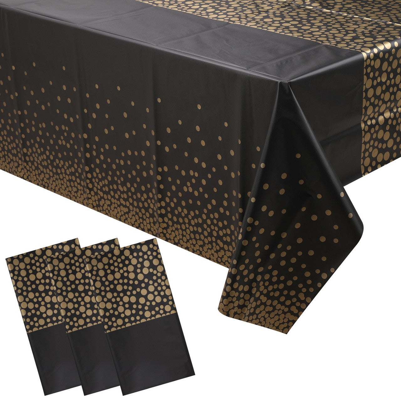 Rectangular Plastic Disposable Tablecloth - Black - Gold Polka Dot Print