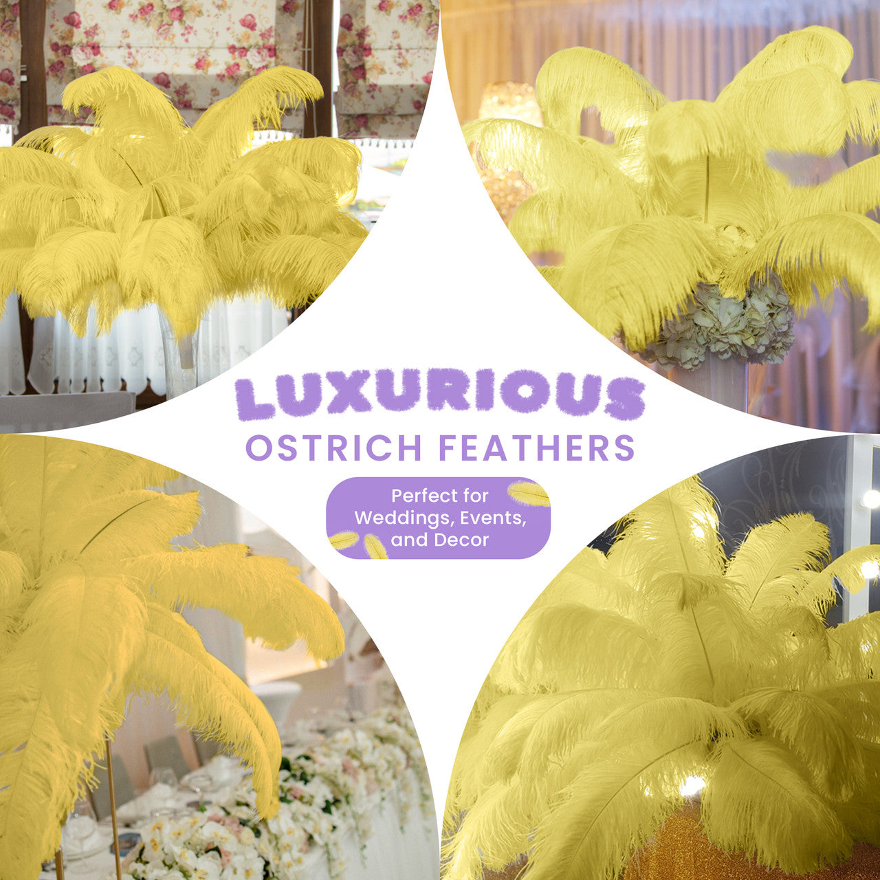 50-60cm Loose Ostrich Feathers, 5pcs - Yellow