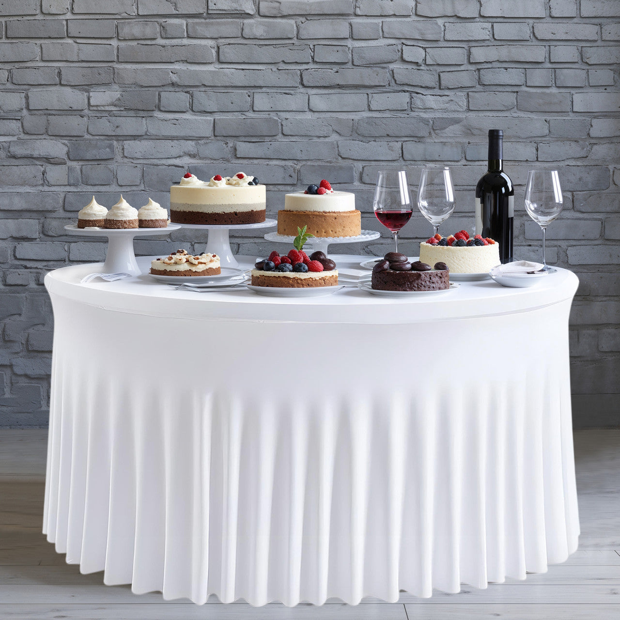 60" Round Spandex Tablecloth with Skirt - White