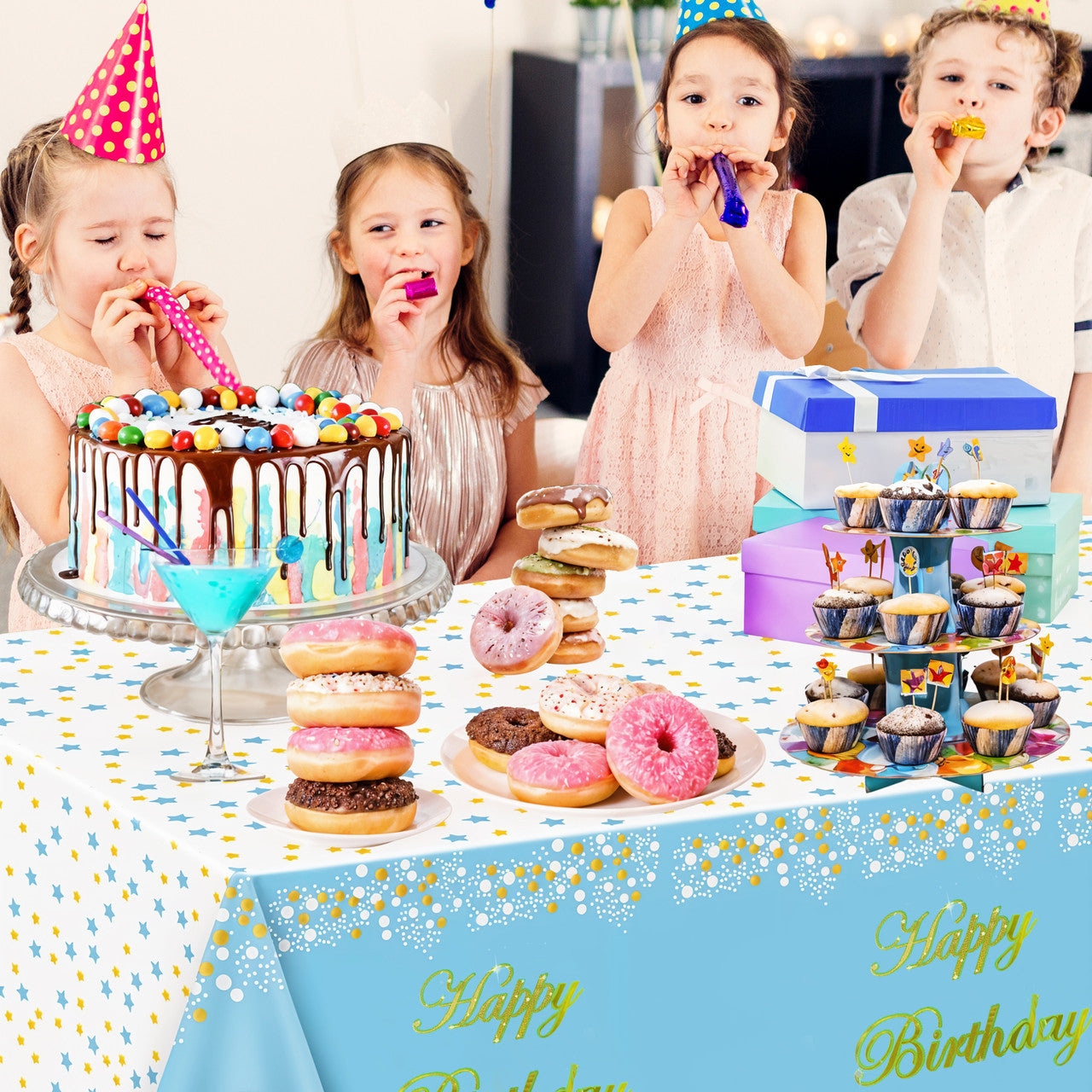 Blue Happy Birthday Printed Foil Tablecloth