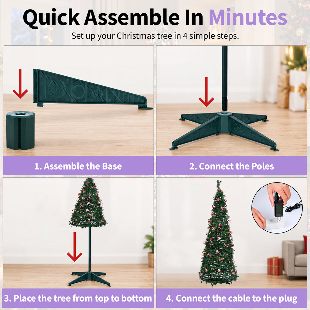 A 4-step assembly guide for a Christmas tree stand set, showing how to assemble the base, connect the poles, place the tree, and connect the cable. The image features a 2x2 grid with purple labels and arrows on a light wood floor background.