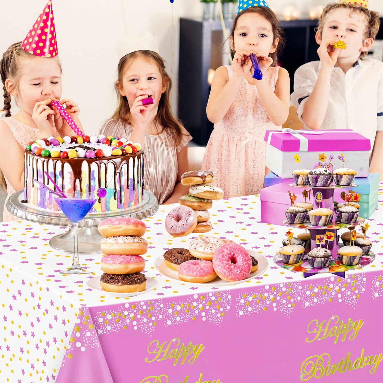 Pink Happy Birthday Printed Foil Tablecloth