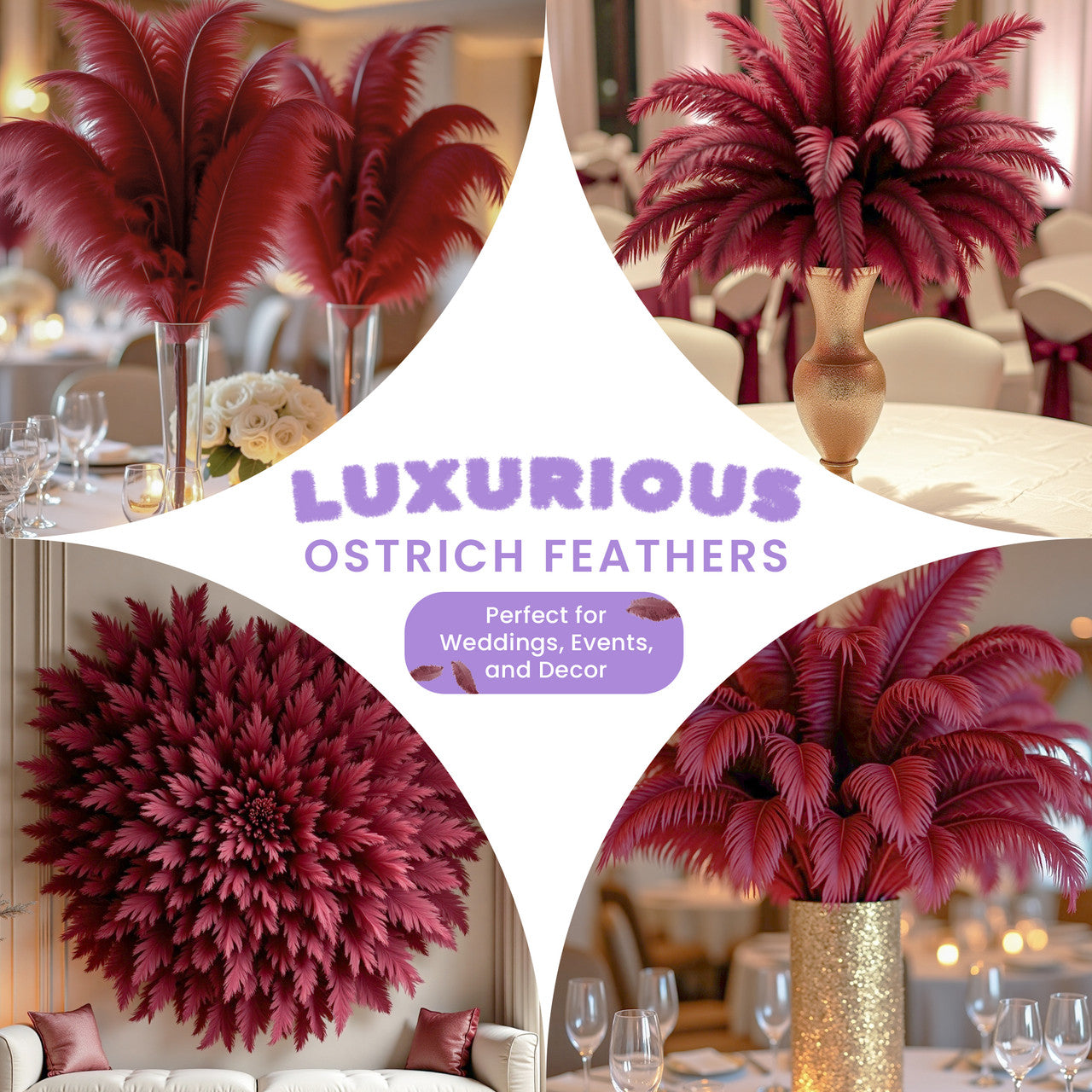 50-60cm Loose Ostrich Feathers, 5pcs - Burgundy