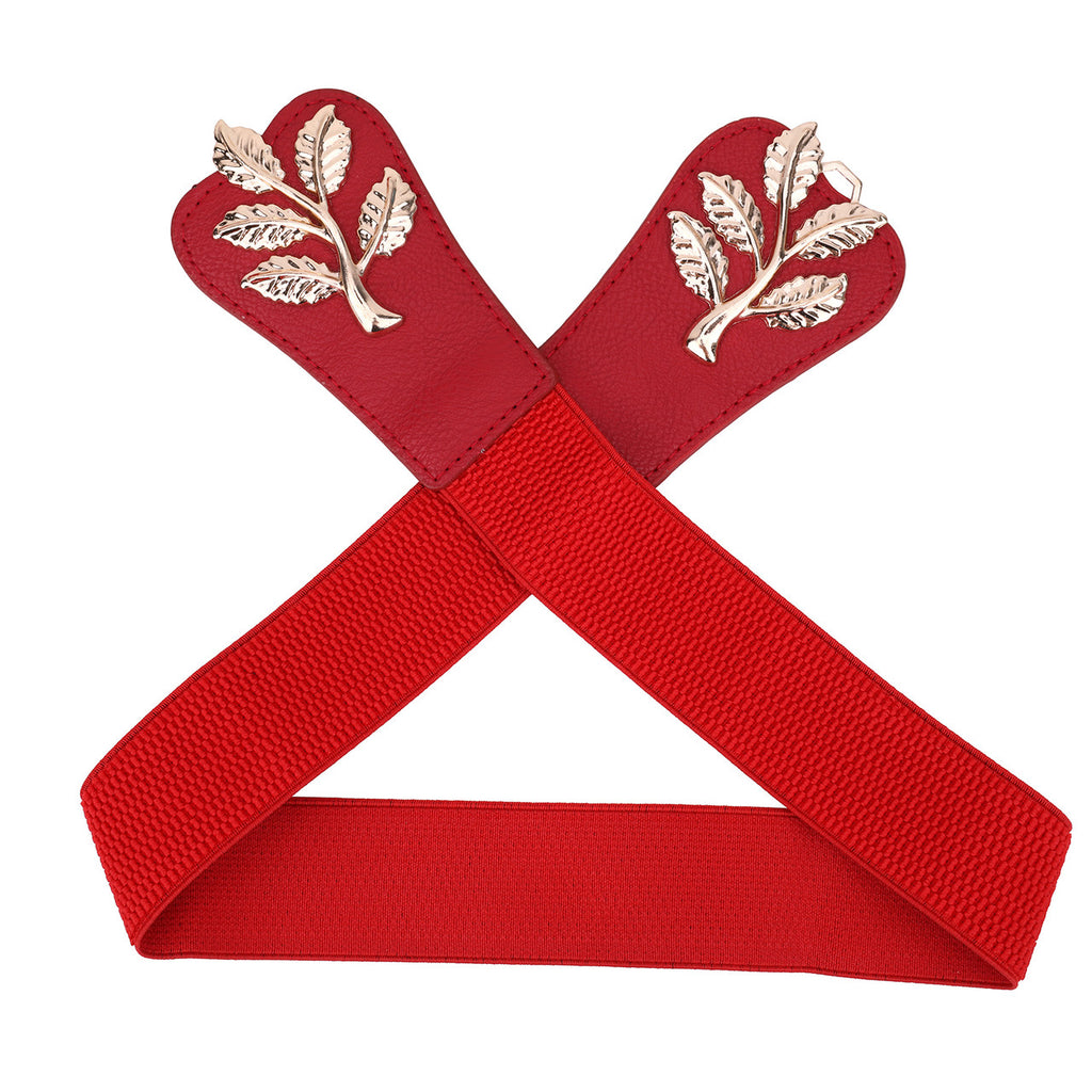 4cm Wide Belt - Tree Leaves Pattern - Red