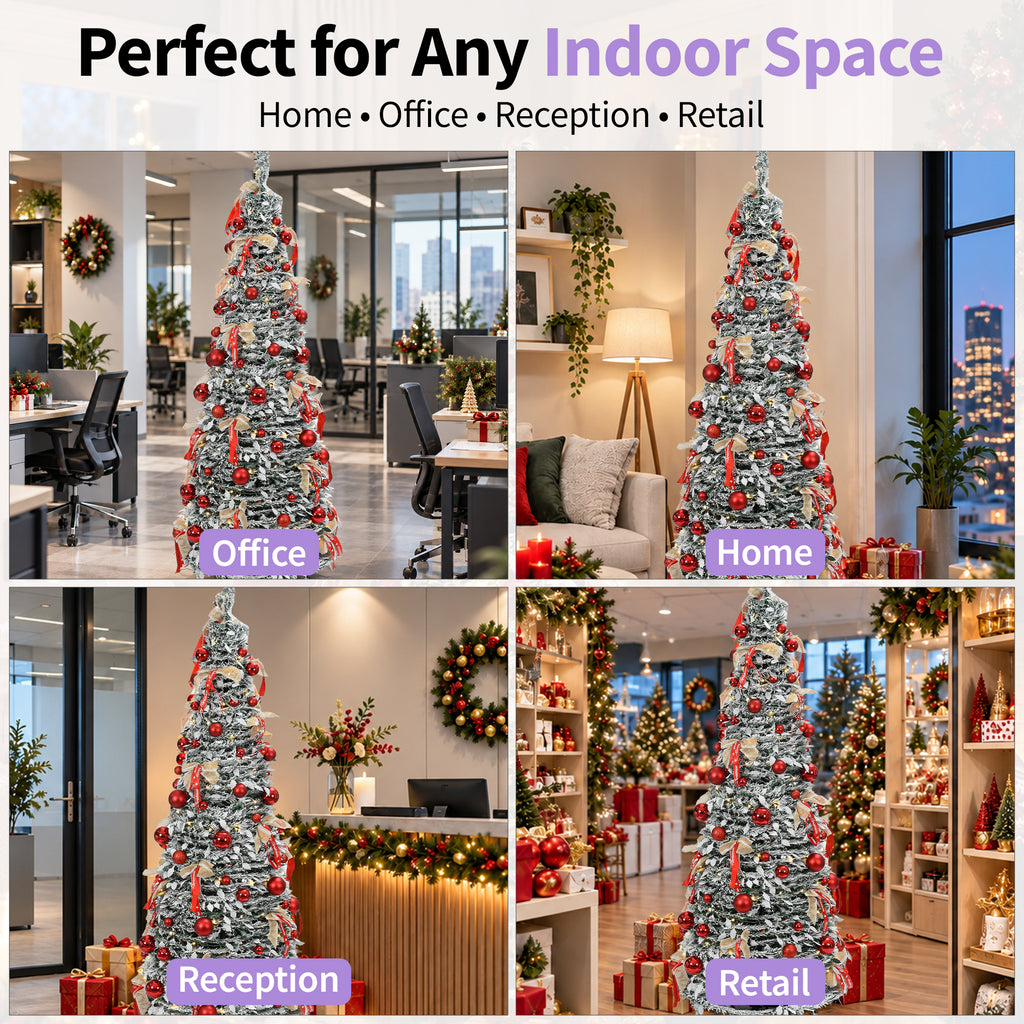 6ft Pop-Up Silver Christmas Tree with 150 Warm White LED Lights, Red Baubles & Festive Bows