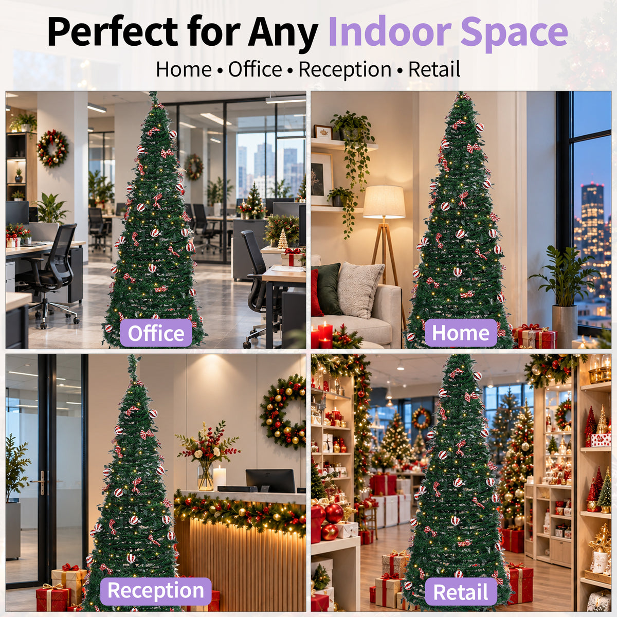 A promotional collage showing a tall artificial Christmas tree in four indoor settings: office, home, reception, and retail. Large text at the top reads 'Perfect for Any Indoor Space' with smaller categories 'Home • Office • Reception • Retail.
