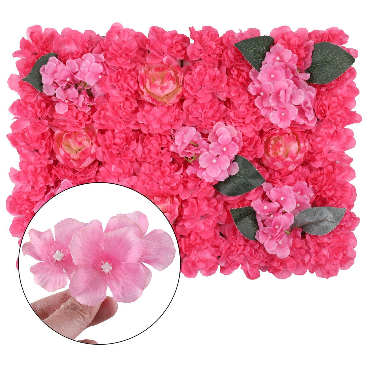 Hydrangea Artificial Flower Wall Panel 60cm x 40cm - Hot Pink with Leaves
