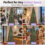A promotional collage showing a decorated Christmas tree in four indoor settings: office, home, reception, and retail. Large text at the top reads 'Perfect for Any Indoor Space' with smaller categories 'Home • Office • Reception • Retail'.