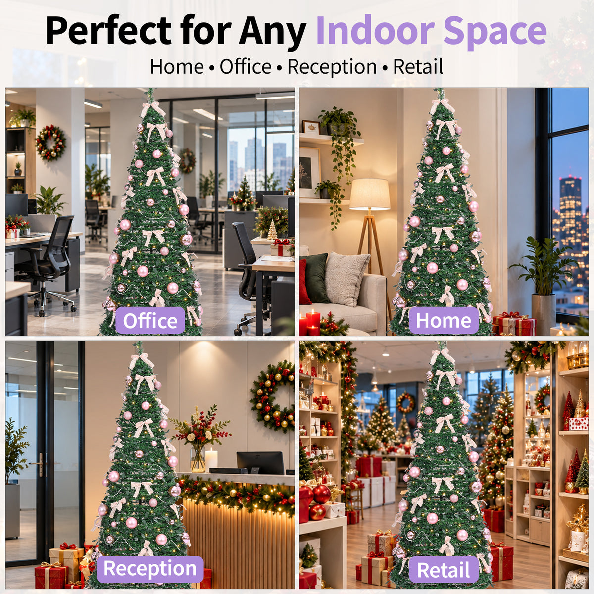 6ft Pop-Up Christmas Tree with 150 Warm White LED Lights, Pink Baubles & Ribbon Bows