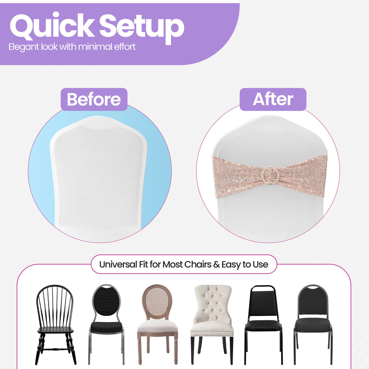 Sparkling Sequin Chair Bands with Diamante Buckle  Rose Gold