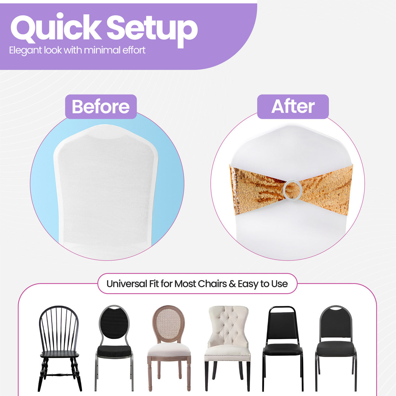 Sparkling Sequin Chair Bands with Diamante Buckle - Gold