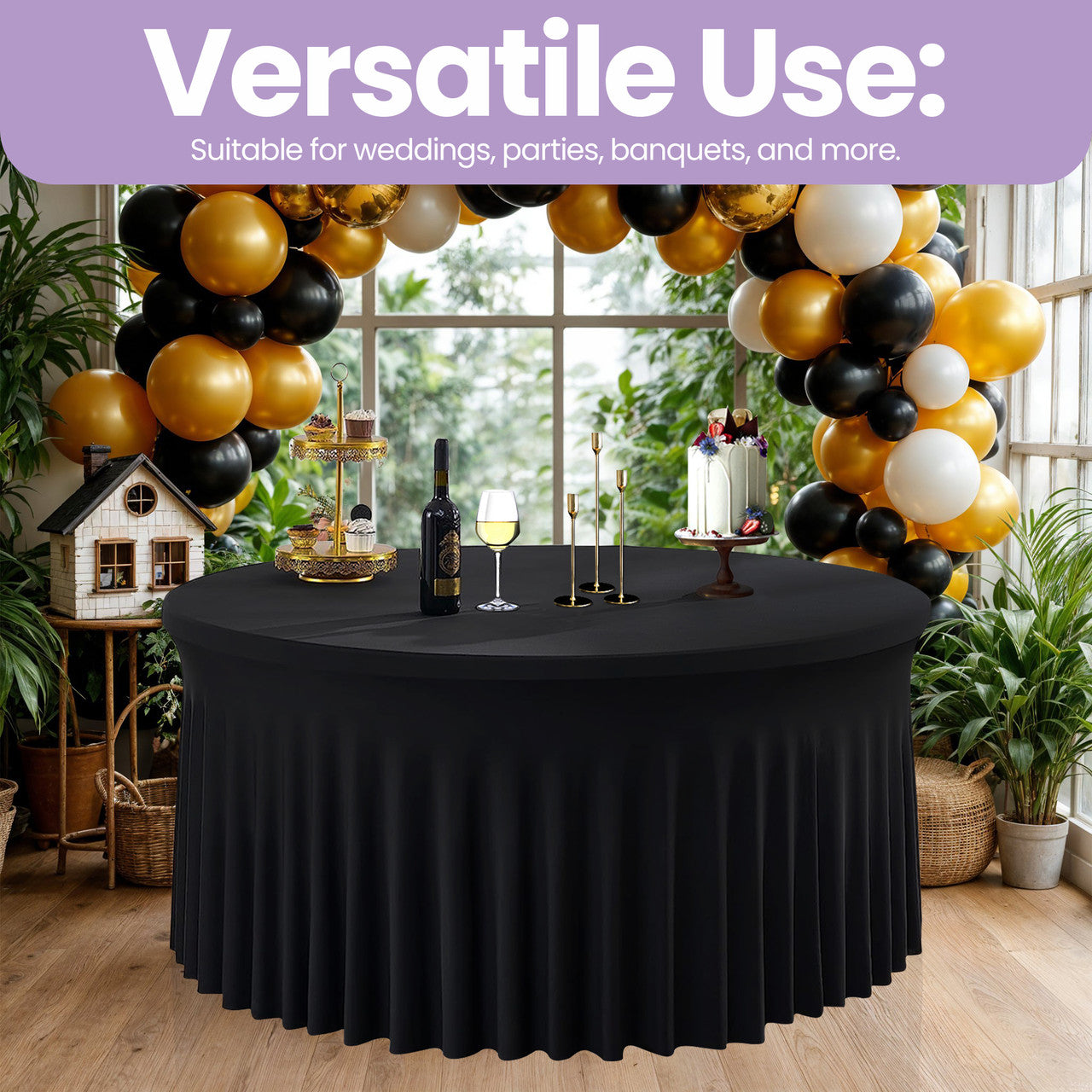 60" Round Spandex Tablecloth with Skirt - Black