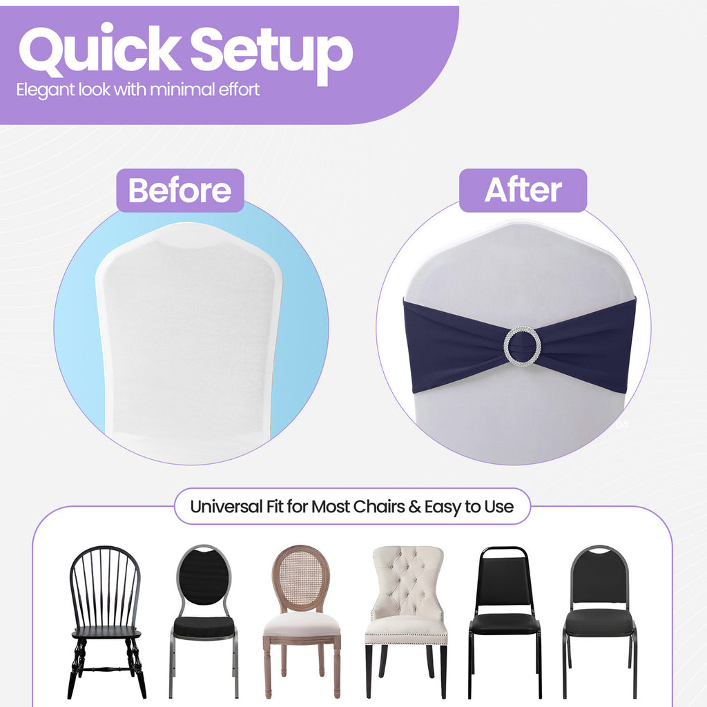 Spandex Chair Band with Round Diamante Buckle - Navy Blue
