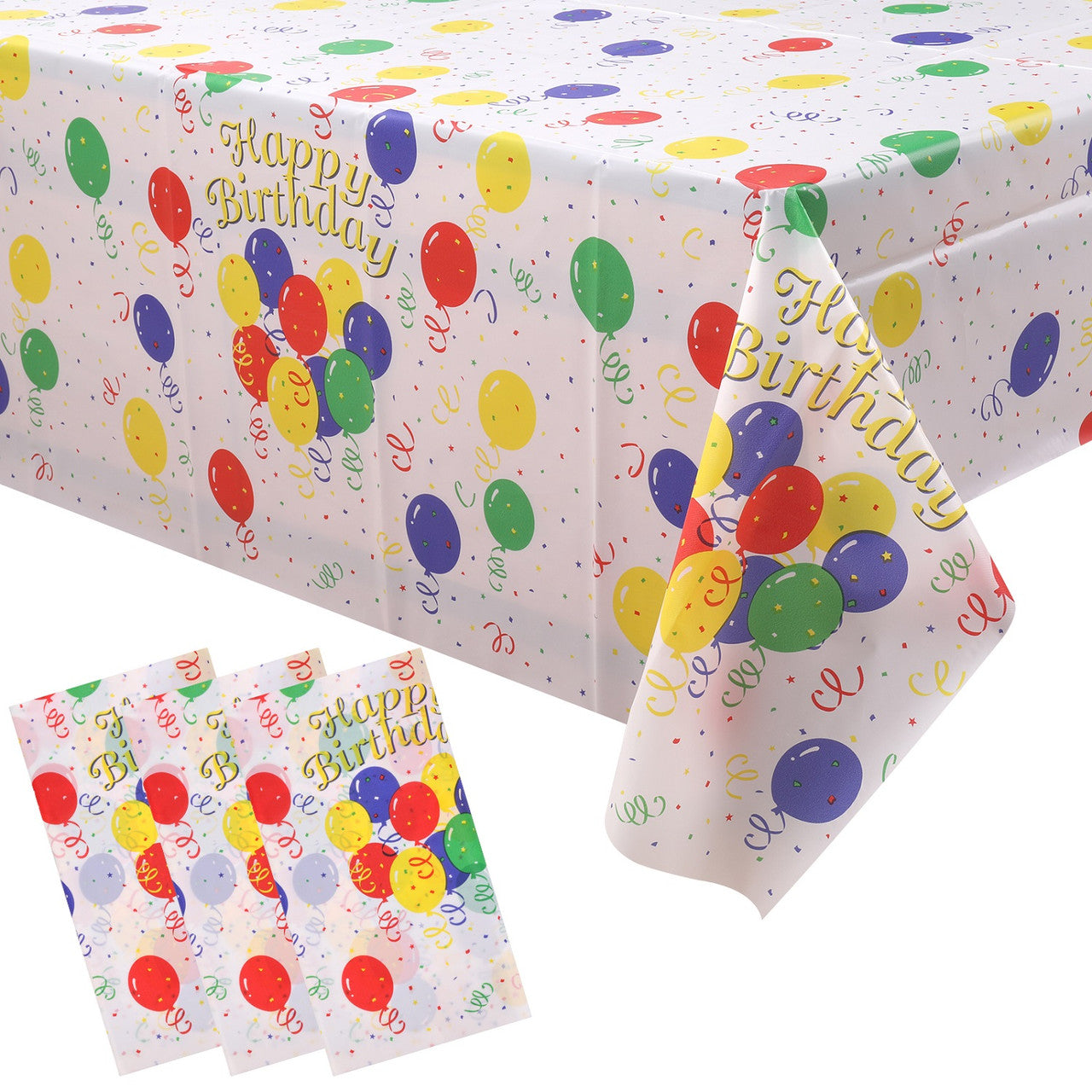 Rectangular Plastic Disposable Tablecloth - White - Multicolour Happy Birthday Polka Dot Print