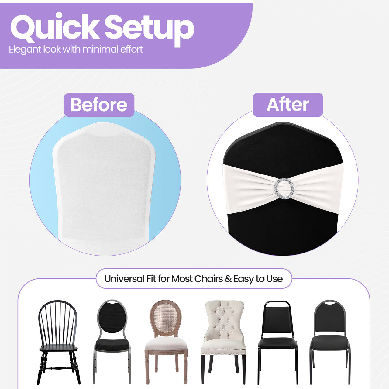 Spandex Chair Band with Round Diamante Buckle - White