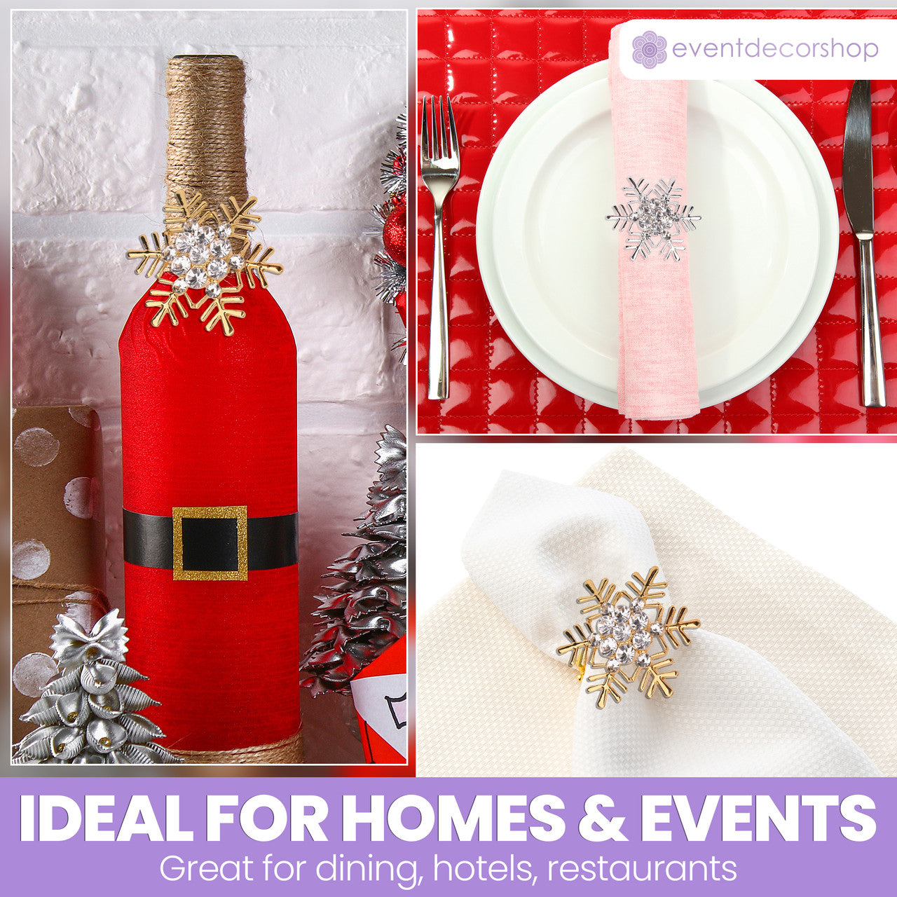 Snowflake Napkin Rings with Diamante – Christmas Table Décor - Gold