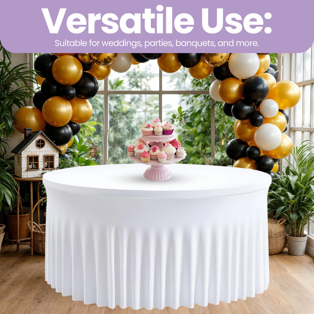 60" Round Spandex Tablecloth with Skirt - White
