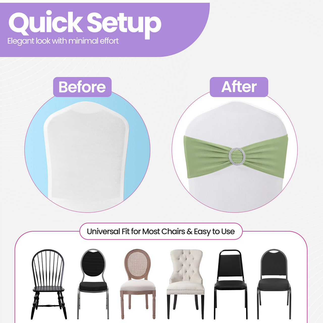 Spandex Chair Band with Round Diamante Buckle - Sage Green