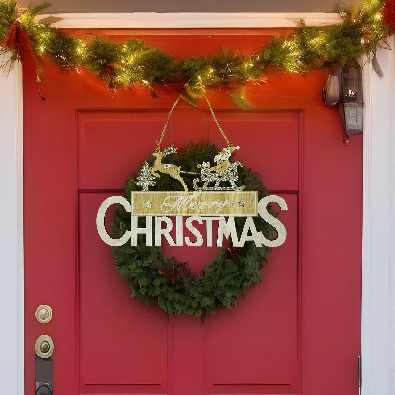 Merry Christmas Door Hanging Sign Plaque - Xmas Santa Sleigh with Reindeer Design