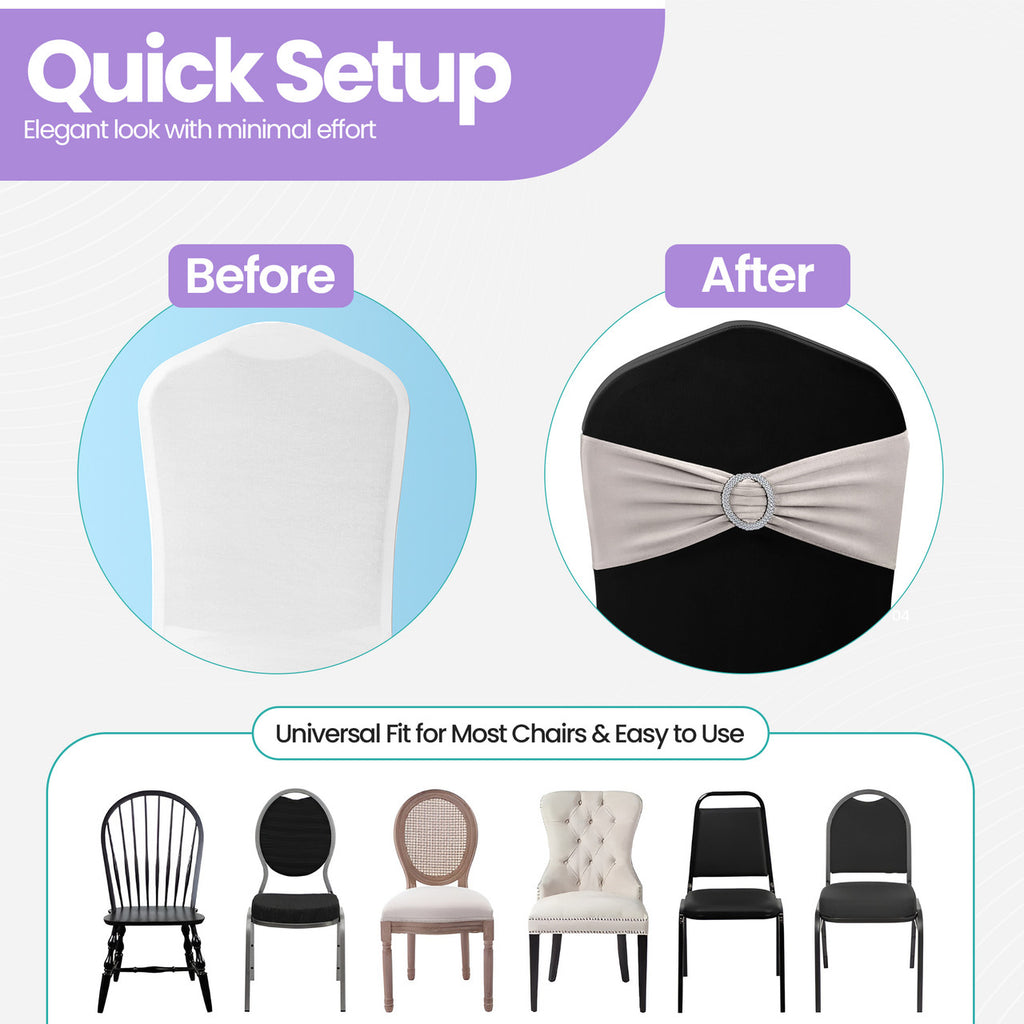 Spandex Chair Band with Round Diamante Buckle - Silver