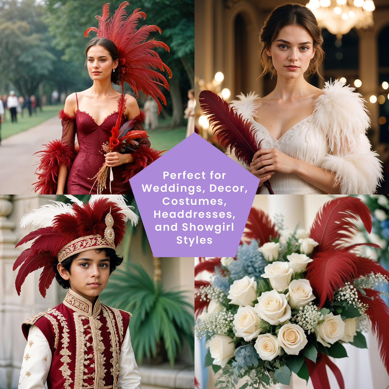 35-40cm Loose Ostrich Feathers, 5pcs - Burgundy