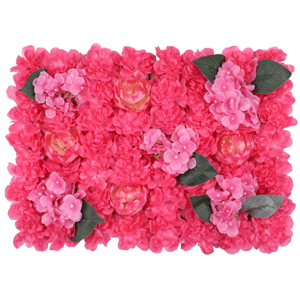 Hydrangea Artificial Flower Wall Panel 60cm x 40cm - Hot Pink with Leaves
