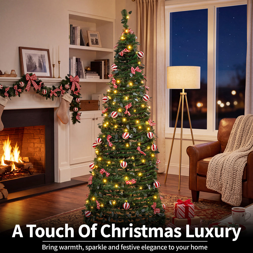A tall artificial Christmas tree decorated with warm white string lights, red-and-white candy cane ornaments, and green pine needles, styled in a cozy living room beside a fireplace, window, floor lamp, and leather armchair. Large text at the bottom reads 'A Touch Of Christmas Luxury' with a tagline below.
