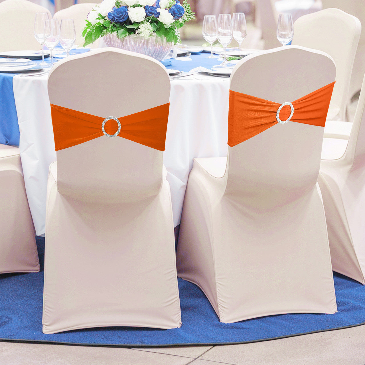 Spandex Chair Band with Round Diamante Buckle - Orange